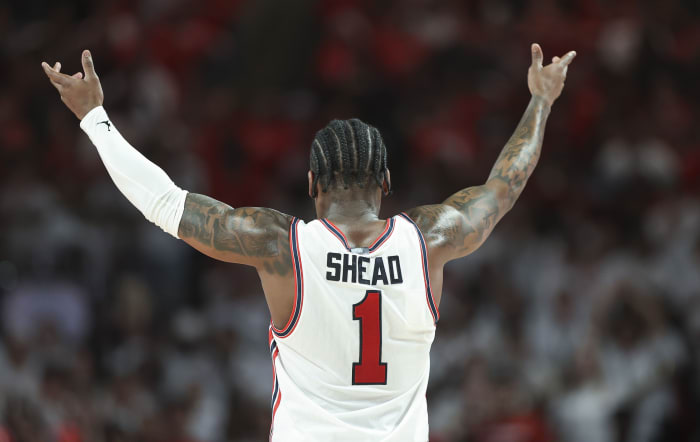 Mar 9, 2024; Houston, Texas, USA; Houston Cougars guard Jamal Shead (1) motions to the crowd during the first half against the Kansas Jayhawks at Fertitta Center.